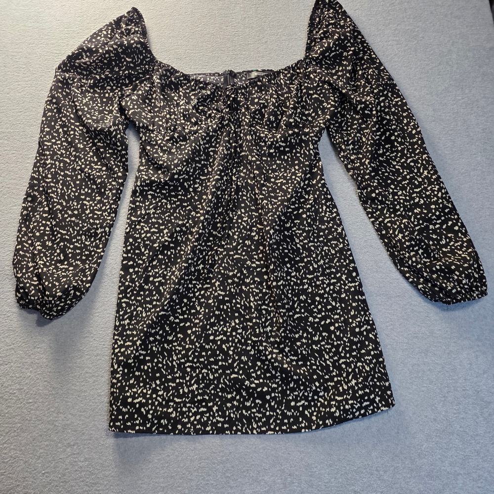 Missguided Mini Dress Womens 12 Black Cream Print Square Neck Puff Sleeve Y2K